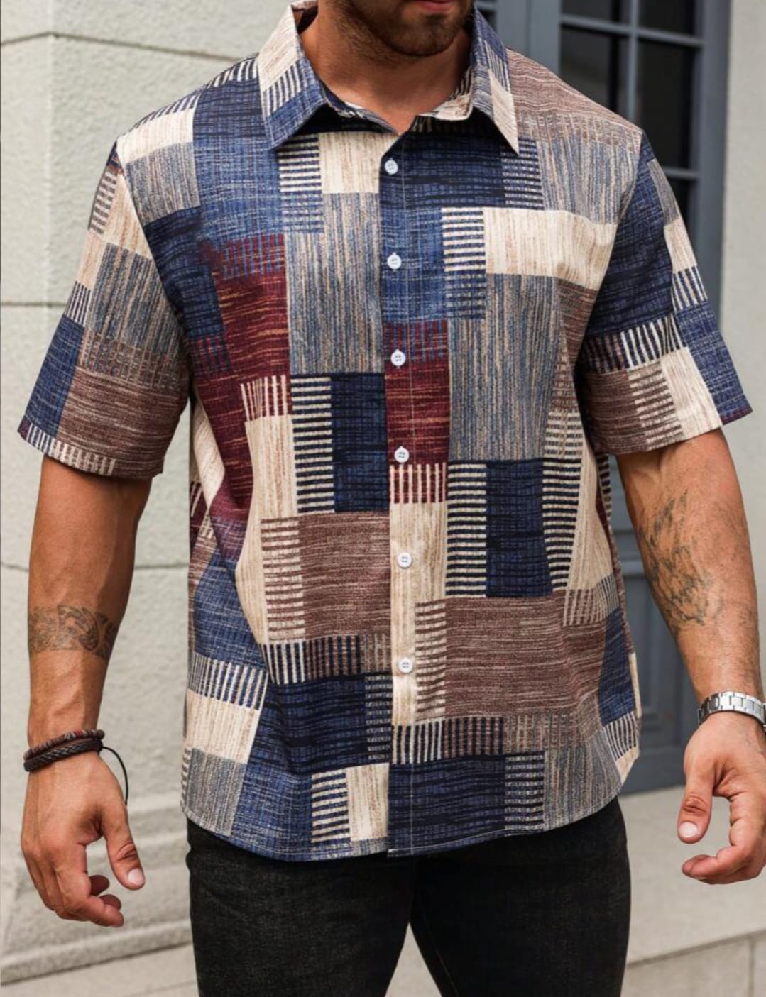 Men's Casual Geometric Patchwork Printed Half Sleeve Shirt